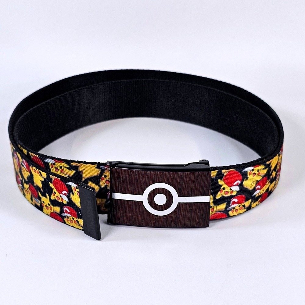 Pokemon Pikachu Web Belt Ash Ketchum Hat Adjustable Pokeball Wood Grain Buckle